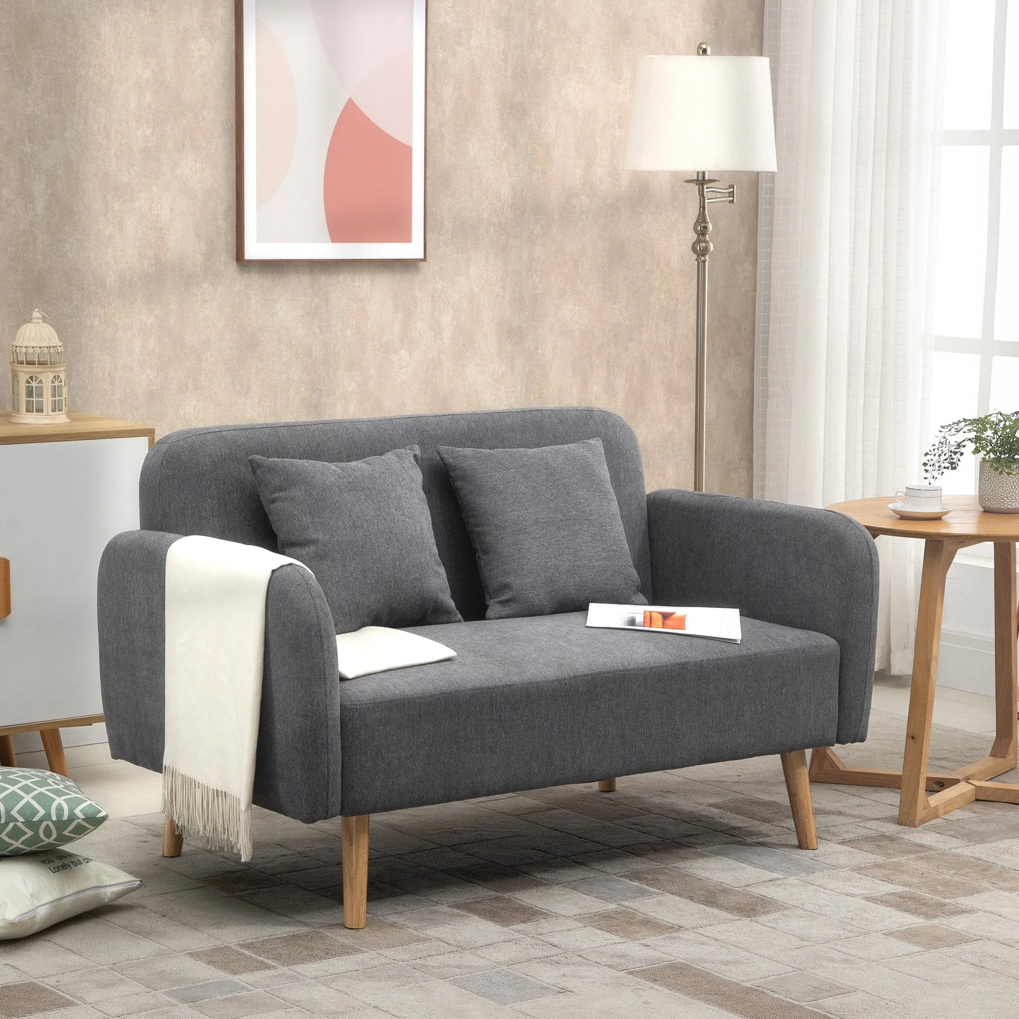 2-Seat Loveseat Sofa Chenille Fabric Upholstered Couch with Rubberwood Legs Grey