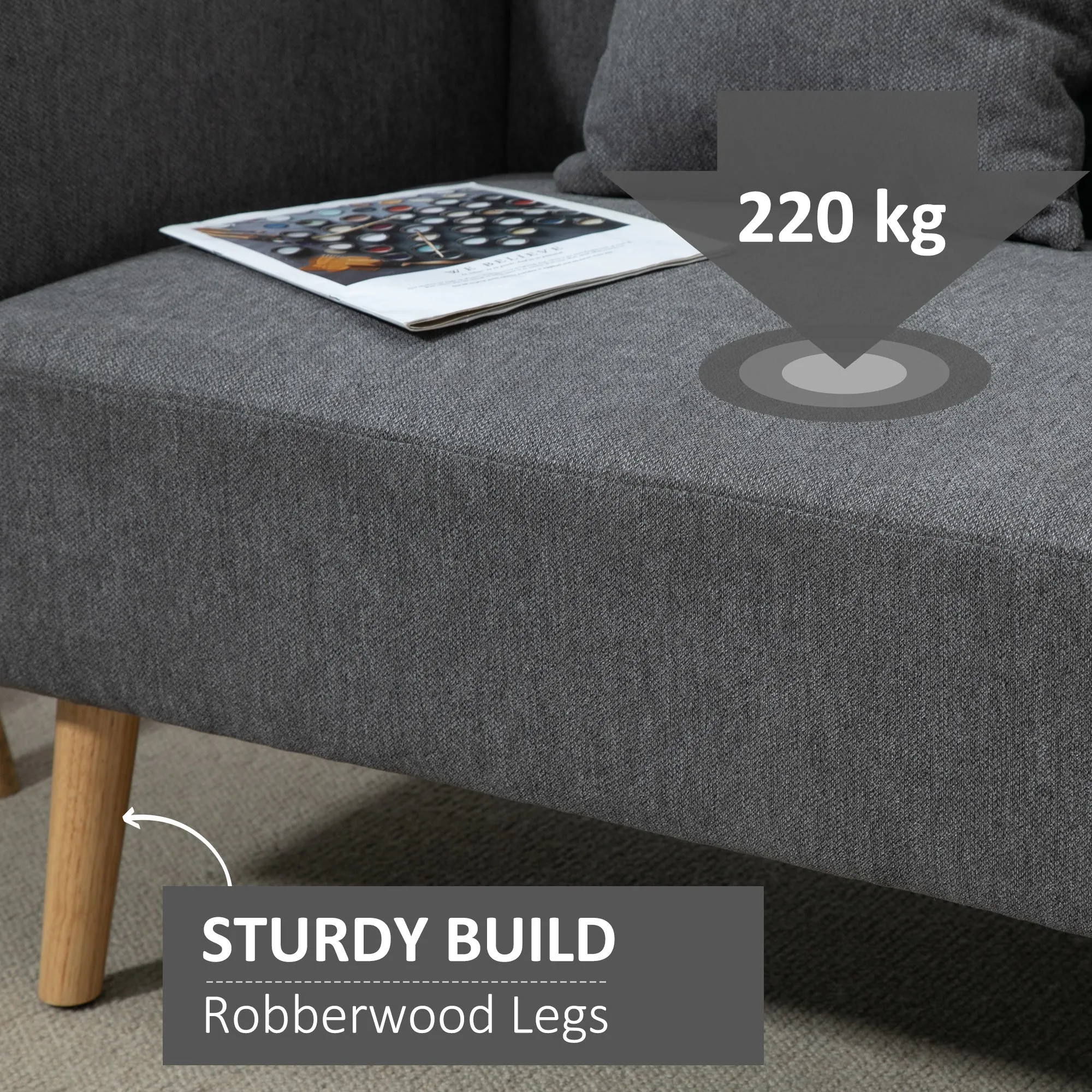 2-Seat Loveseat Sofa Chenille Fabric Upholstered Couch with Rubberwood Legs Grey