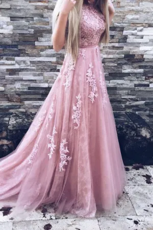A-Line Crew Sweep Train Pink Tulle Prom Dress with Appliques Sash AHC689