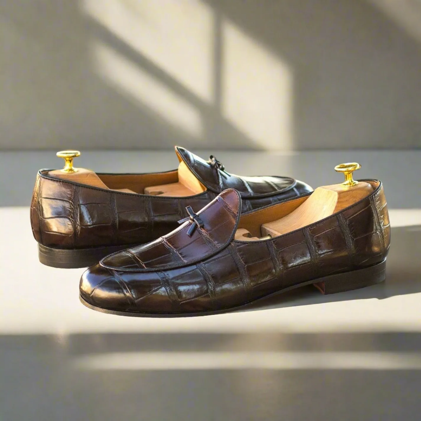 Ambrogio Bespoke Custom Men's Shoes Black & Darkbrown Exotic Alligator Belgian Loafers (AMB2220)