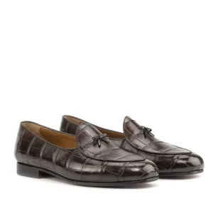 Ambrogio Bespoke Custom Men's Shoes Black & Darkbrown Exotic Alligator Belgian Loafers (AMB2220)