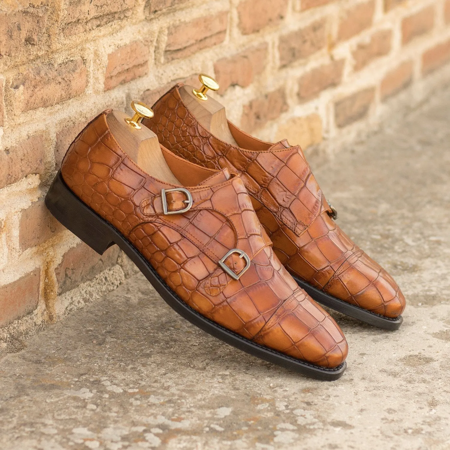 Ambrogio Bespoke Custom Men's Shoes Cognac Crocodile Print / Calf-Skin Leather Monk-Straps Loafers (AMB2195)
