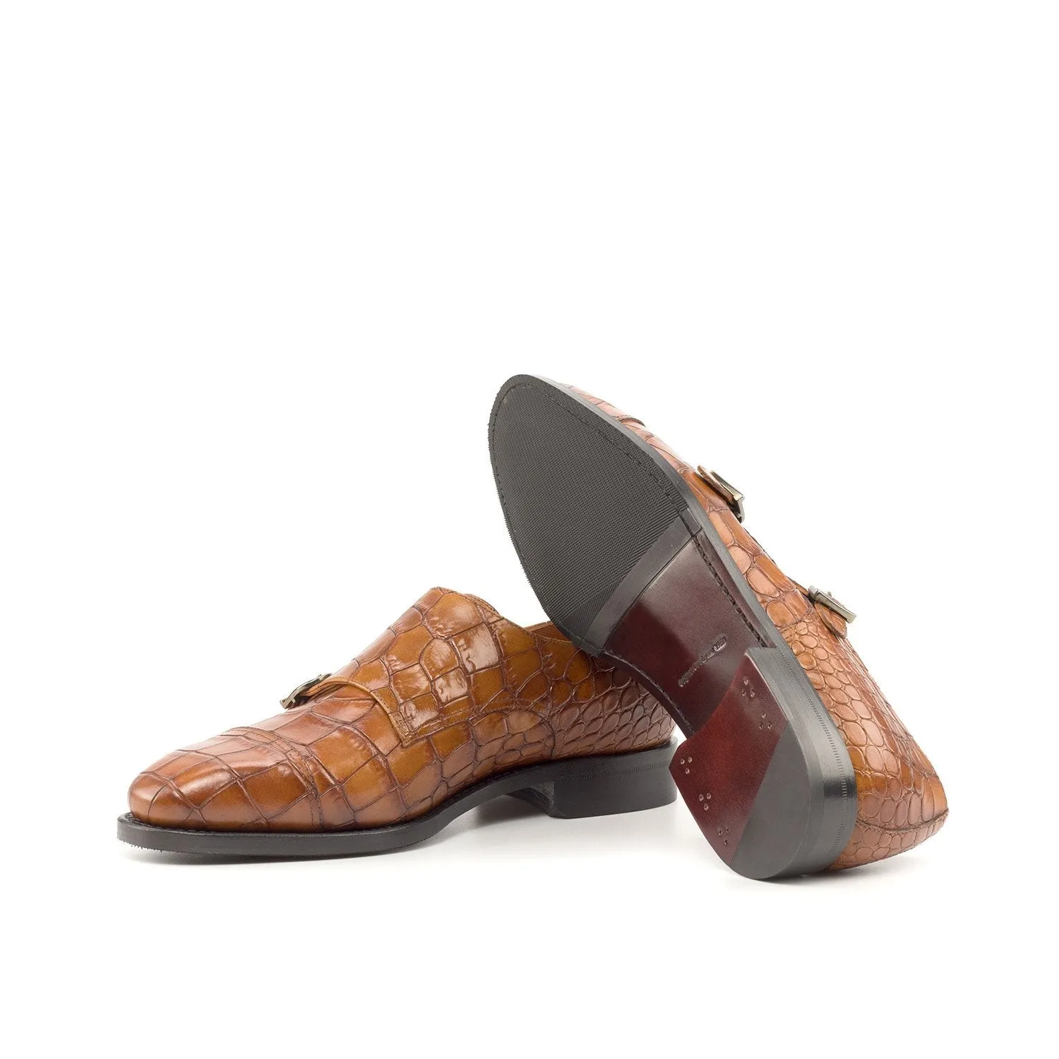 Ambrogio Bespoke Custom Men's Shoes Cognac Crocodile Print / Calf-Skin Leather Monk-Straps Loafers (AMB2195)