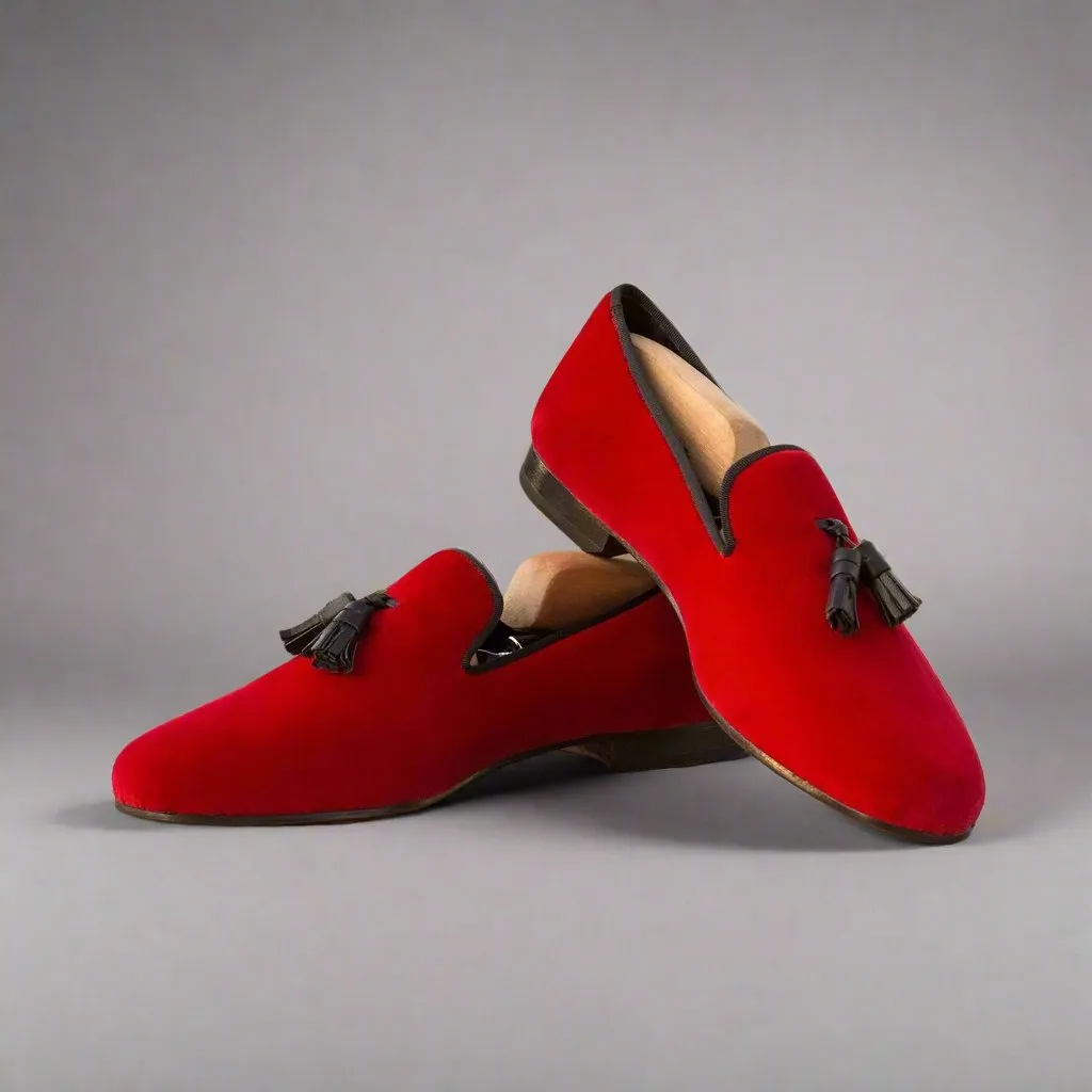 Ambrogio Bespoke Men's Handmade Custom Made Shoes Black & Red Velvet / Calf-Skin Leather Tassels Wellington Loafers (AMB1321)