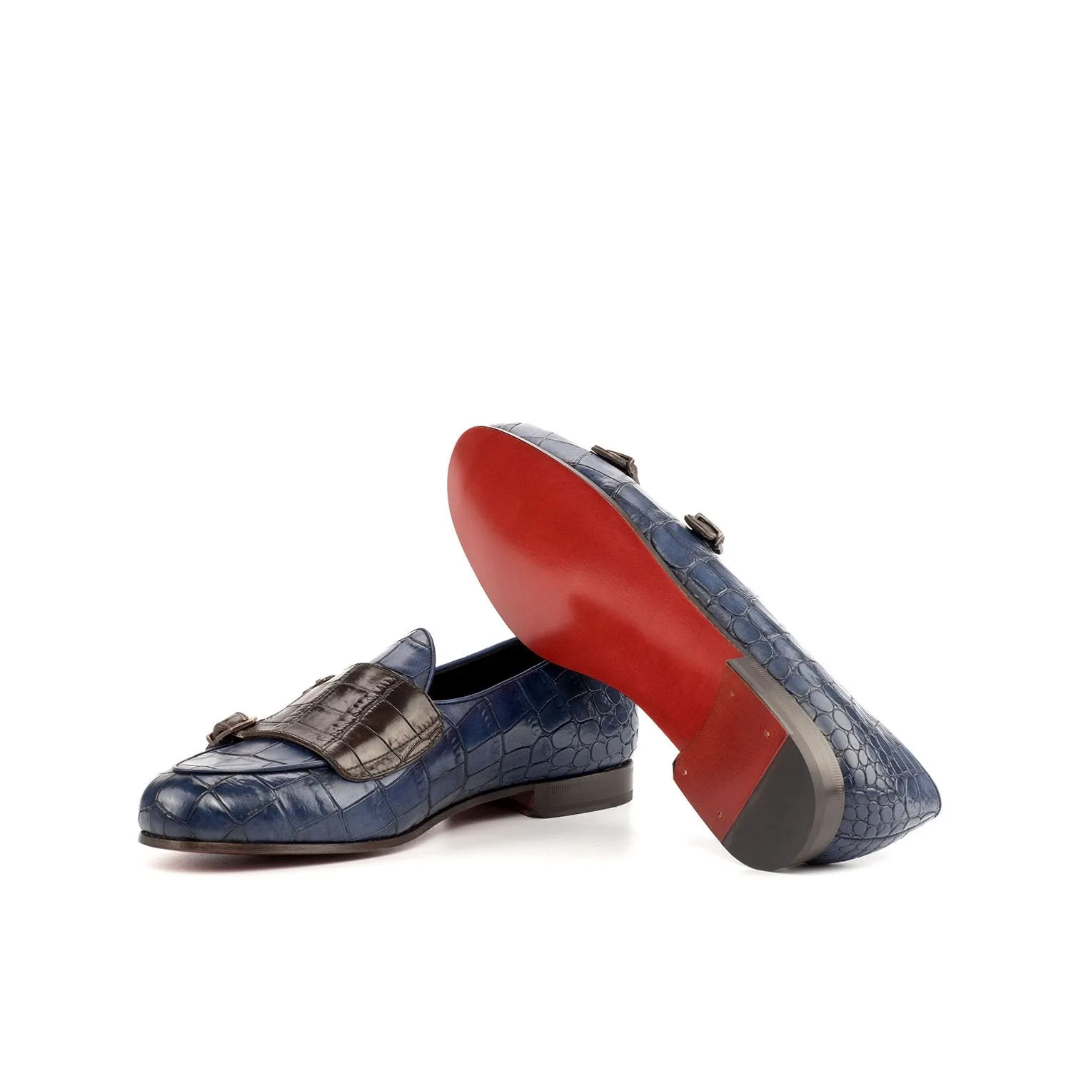 Ambrogio Bespoke Men's Handmade Custom Shoes Brown & Navy Crocodile Print / Calf-Skin Leather Monk Slipper Loafers (AMB1696)