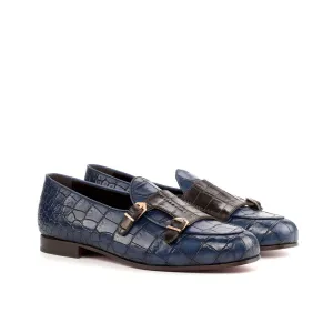 Ambrogio Bespoke Men's Handmade Custom Shoes Brown & Navy Crocodile Print / Calf-Skin Leather Monk Slipper Loafers (AMB1696)