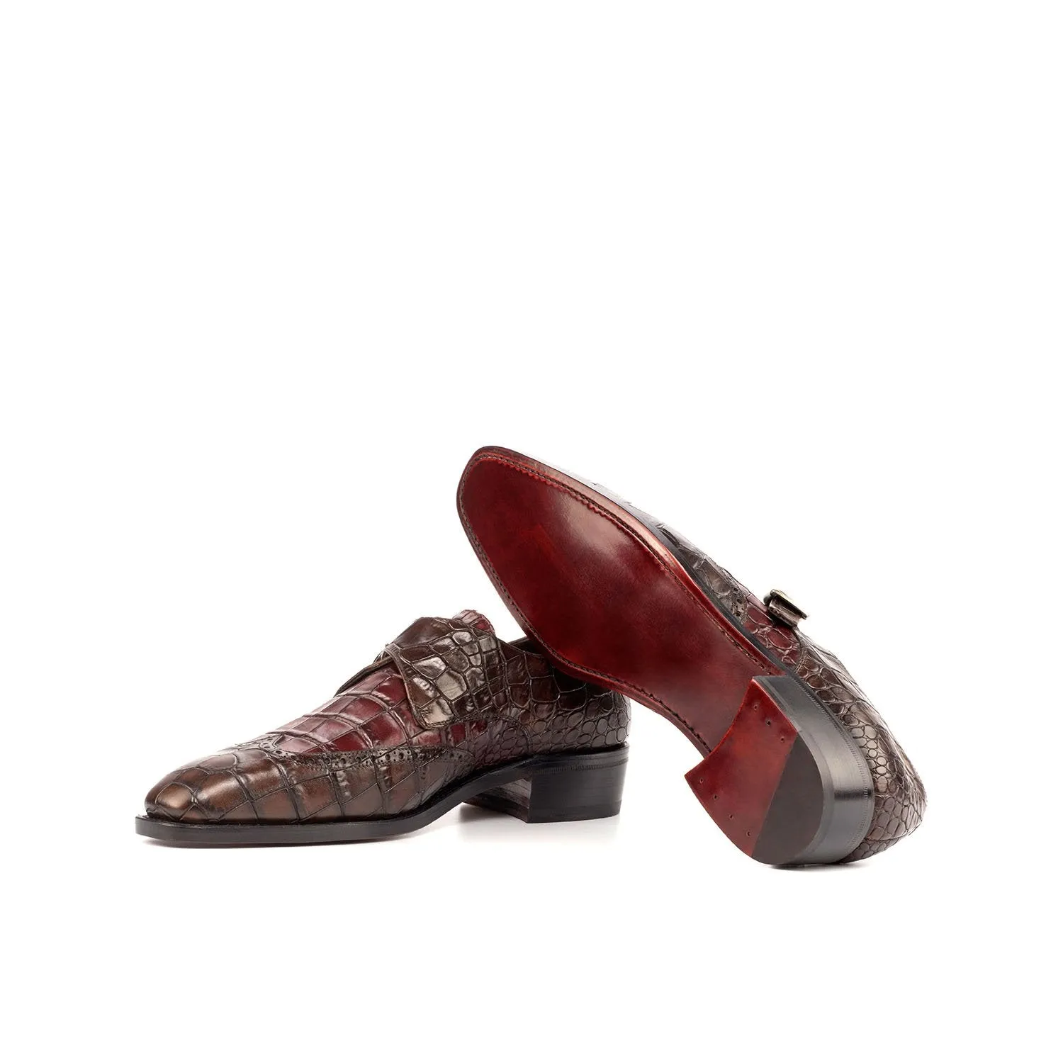 Ambrogio Bespoke Men's Handmade Custom Shoes Dark Brown & Burgundy Crocodile Print / Calf-Skin Leather Monk-Strap Loafers (AMB1807)