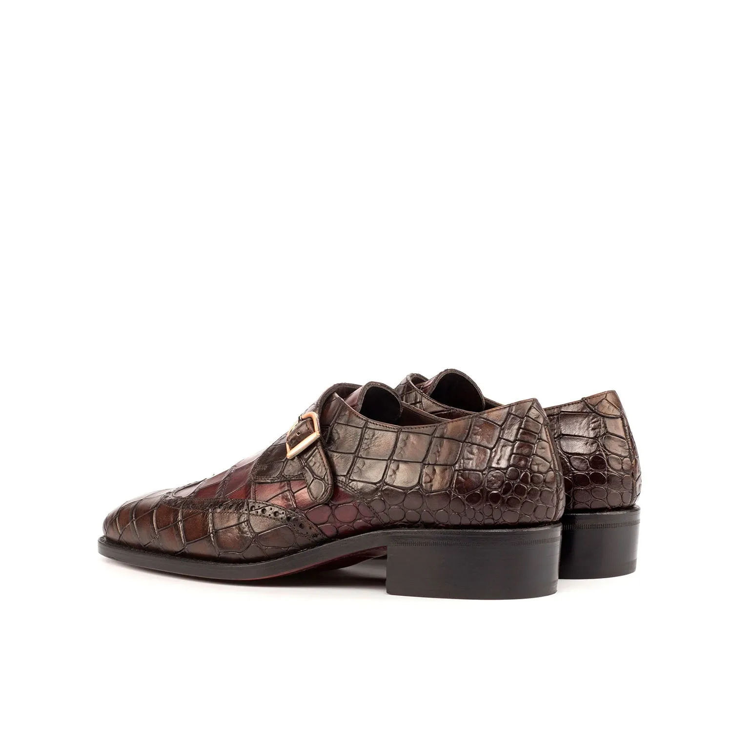 Ambrogio Bespoke Men's Handmade Custom Shoes Dark Brown & Burgundy Crocodile Print / Calf-Skin Leather Monk-Strap Loafers (AMB1807)