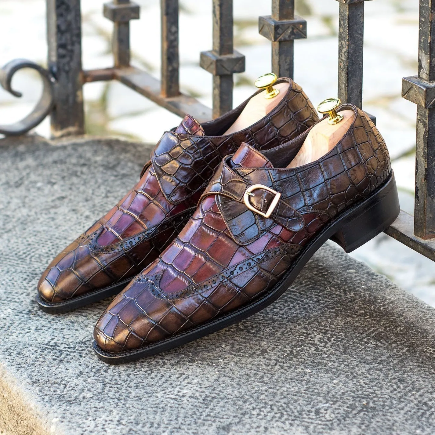 Ambrogio Bespoke Men's Handmade Custom Shoes Dark Brown & Burgundy Crocodile Print / Calf-Skin Leather Monk-Strap Loafers (AMB1807)
