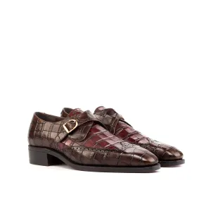 Ambrogio Bespoke Men's Handmade Custom Shoes Dark Brown & Burgundy Crocodile Print / Calf-Skin Leather Monk-Strap Loafers (AMB1807)