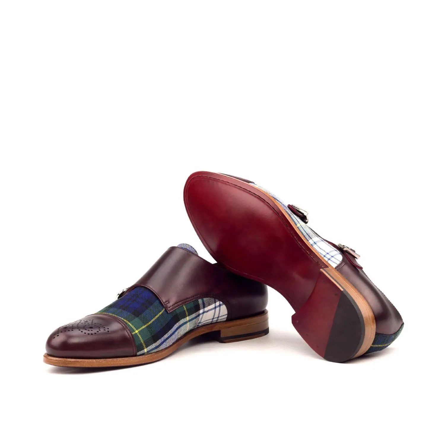 Ambrogio Bespoke Men's Handmade Custom Shoes Multi Color Fabric / Calf-Skin Leather Monk-Straps Loafers (AMB1393)