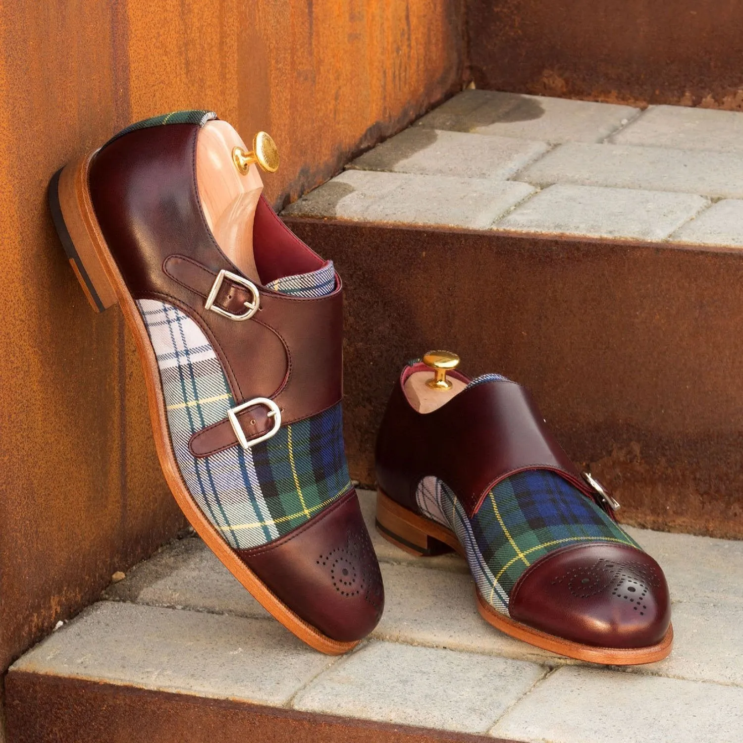 Ambrogio Bespoke Men's Handmade Custom Shoes Multi Color Fabric / Calf-Skin Leather Monk-Straps Loafers (AMB1393)
