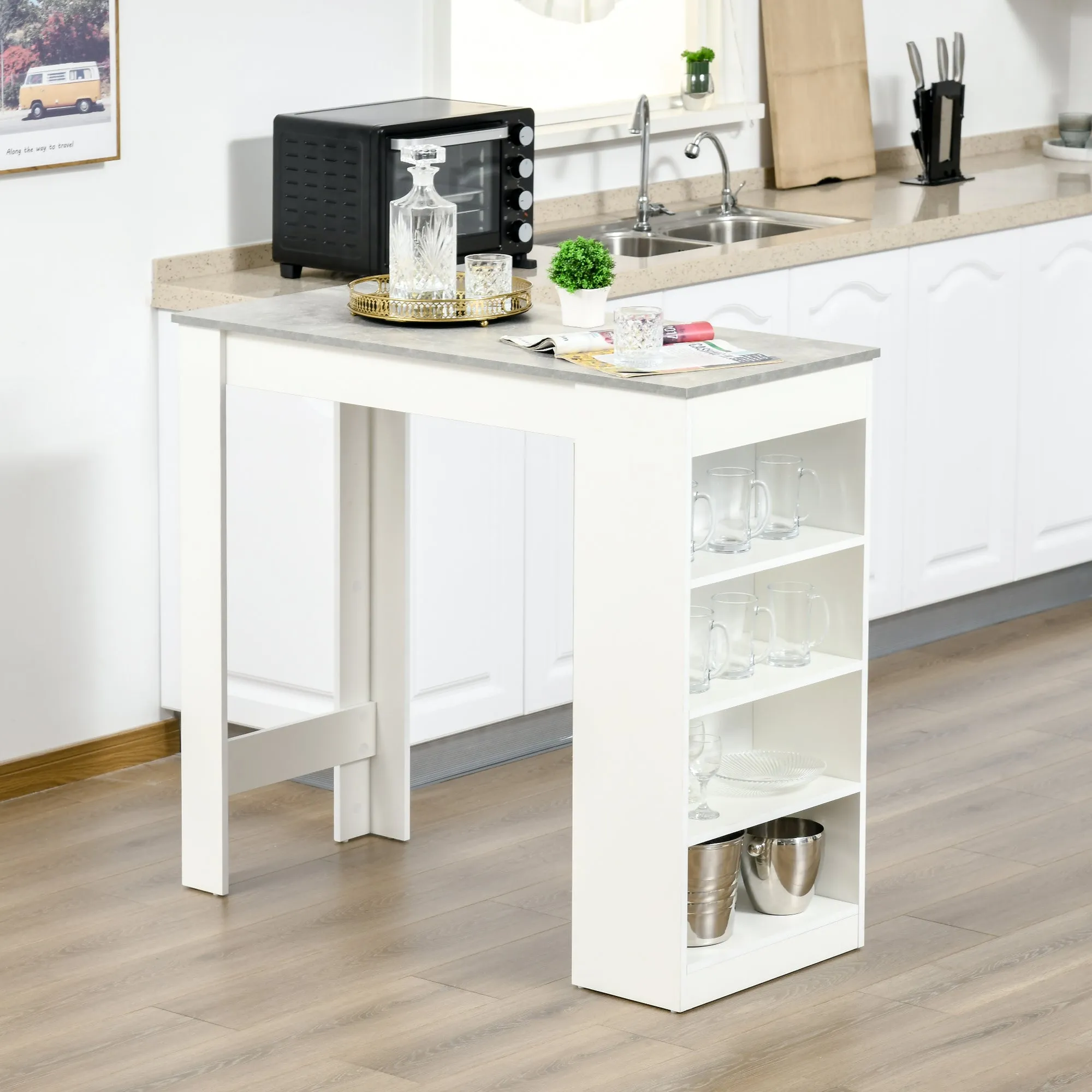 Bar Table Coffee Table Kitchen Dining Table with 4-Tier Storage Shelf for Kitchen Dining Room Living Room Grey