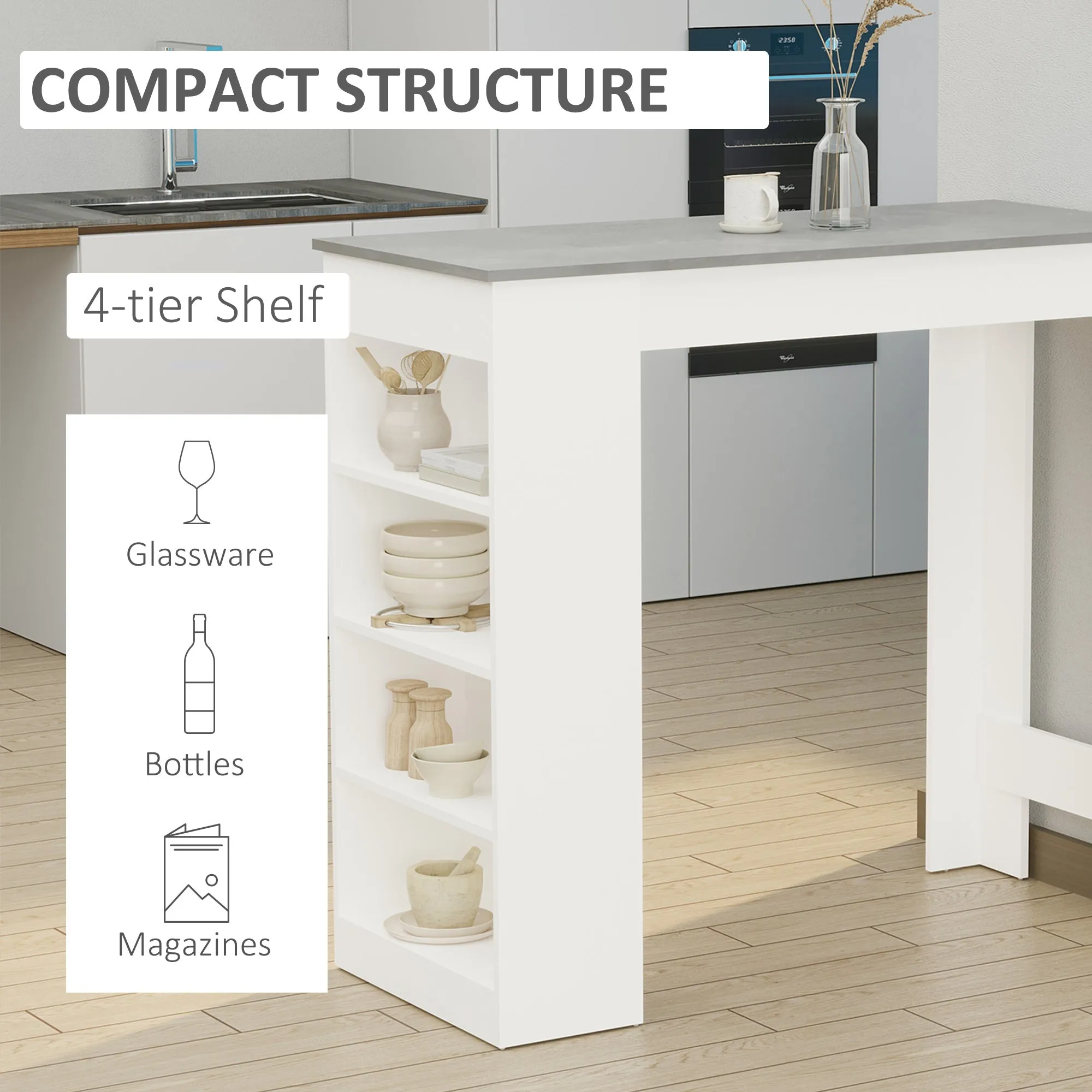 Bar Table Coffee Table Kitchen Dining Table with 4-Tier Storage Shelf for Kitchen Dining Room Living Room Grey