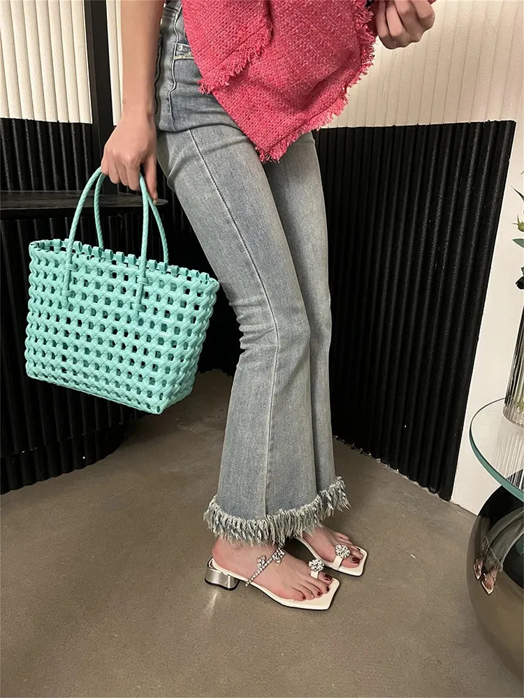 binfenxie Summers Women's Slippers Fashion Elegant Rhinestone Clip Toe Low Heel Ladies Casual Outdoor Beach Slides Sandal Flip Flop