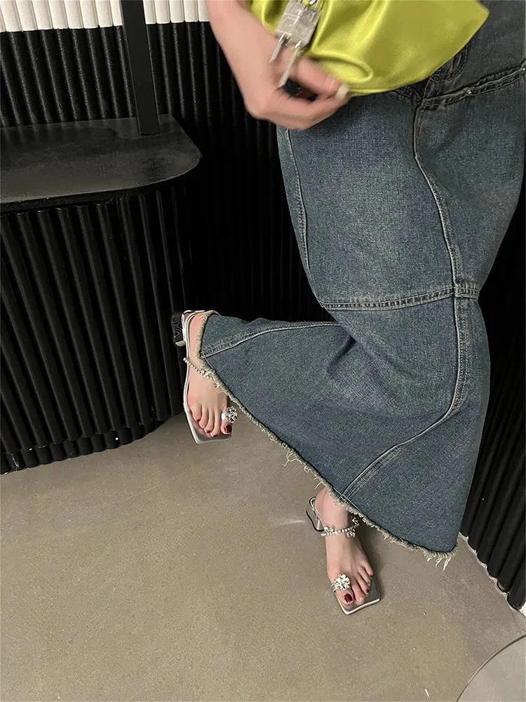 binfenxie Summers Women's Slippers Fashion Elegant Rhinestone Clip Toe Low Heel Ladies Casual Outdoor Beach Slides Sandal Flip Flop