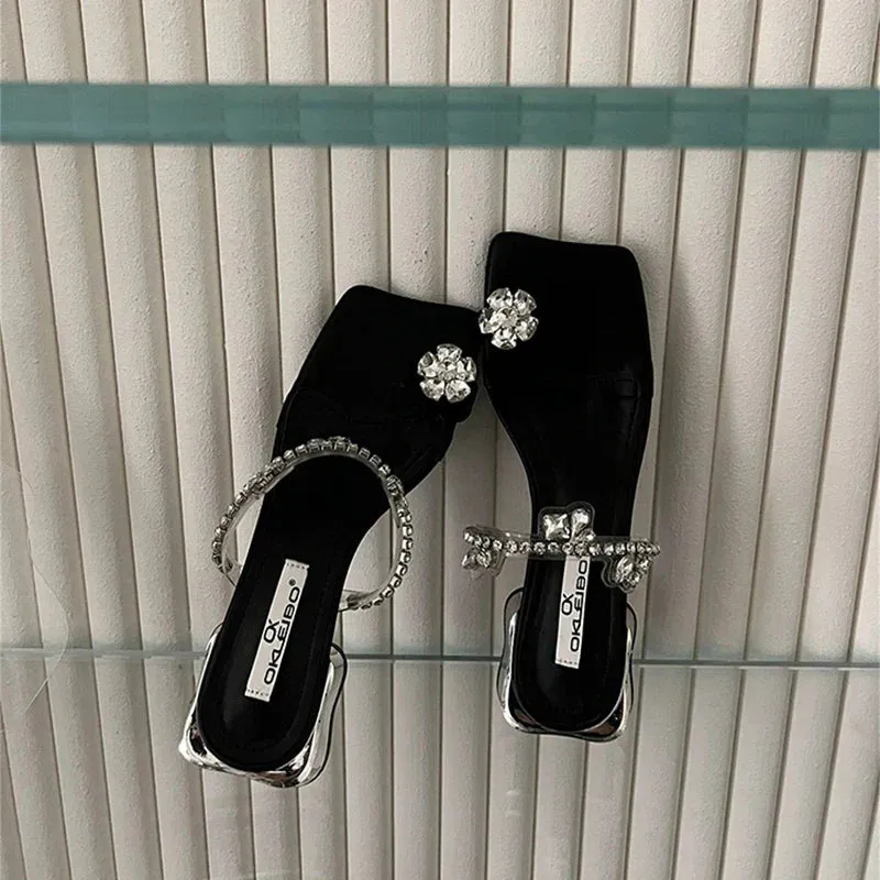binfenxie Summers Women's Slippers Fashion Elegant Rhinestone Clip Toe Low Heel Ladies Casual Outdoor Beach Slides Sandal Flip Flop
