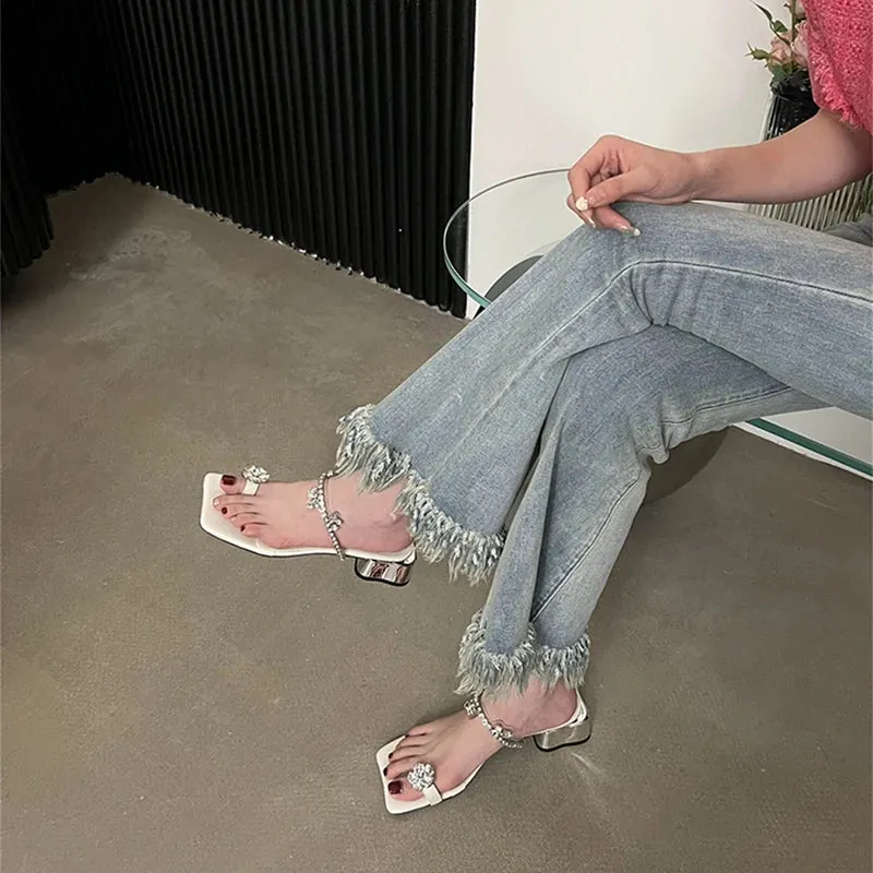binfenxie Summers Women's Slippers Fashion Elegant Rhinestone Clip Toe Low Heel Ladies Casual Outdoor Beach Slides Sandal Flip Flop