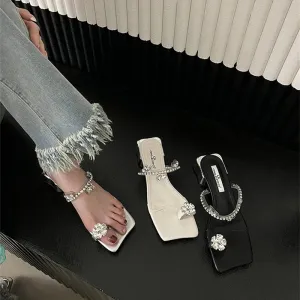 binfenxie Summers Women's Slippers Fashion Elegant Rhinestone Clip Toe Low Heel Ladies Casual Outdoor Beach Slides Sandal Flip Flop