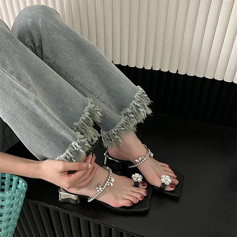 binfenxie Summers Women's Slippers Fashion Elegant Rhinestone Clip Toe Low Heel Ladies Casual Outdoor Beach Slides Sandal Flip Flop
