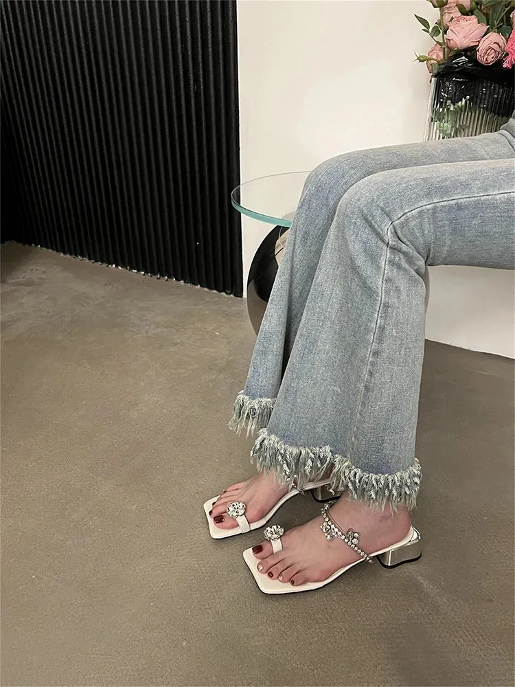 binfenxie Summers Women's Slippers Fashion Elegant Rhinestone Clip Toe Low Heel Ladies Casual Outdoor Beach Slides Sandal Flip Flop