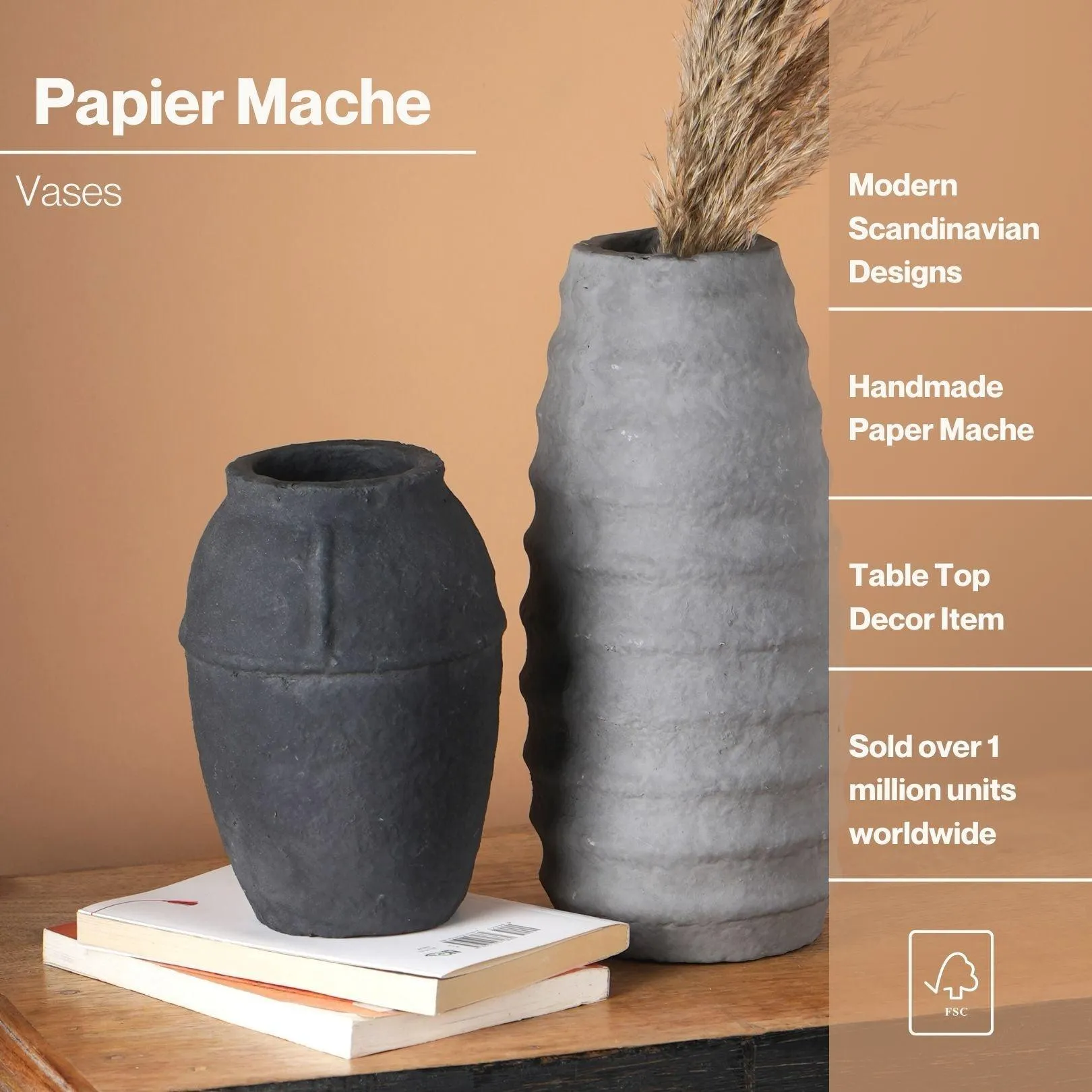 Black Paper Mache Vase | Decorative Flower Pot For Home Decoration