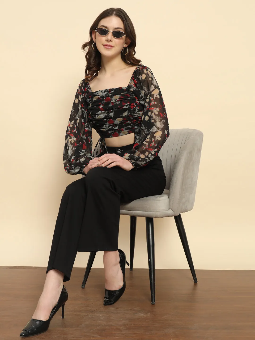 Black Ruched Printed Top
