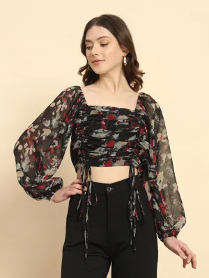 Black Ruched Printed Top