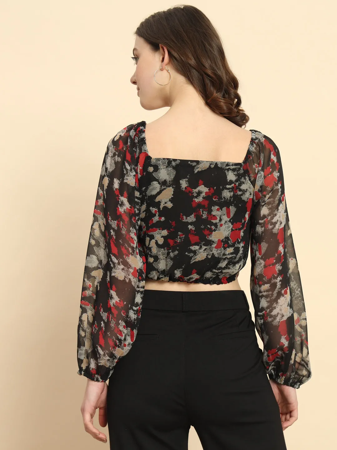 Black Ruched Printed Top