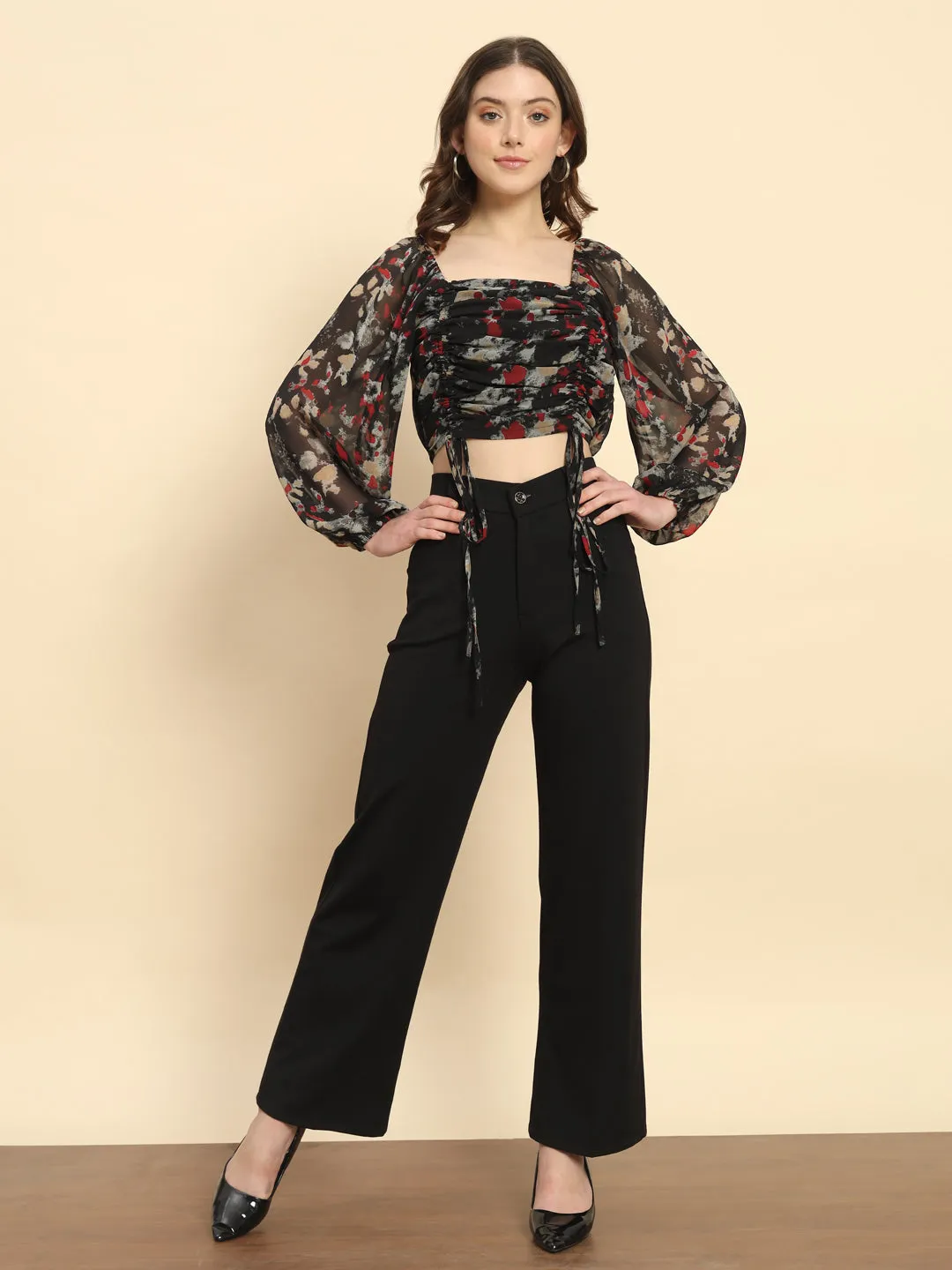 Black Ruched Printed Top