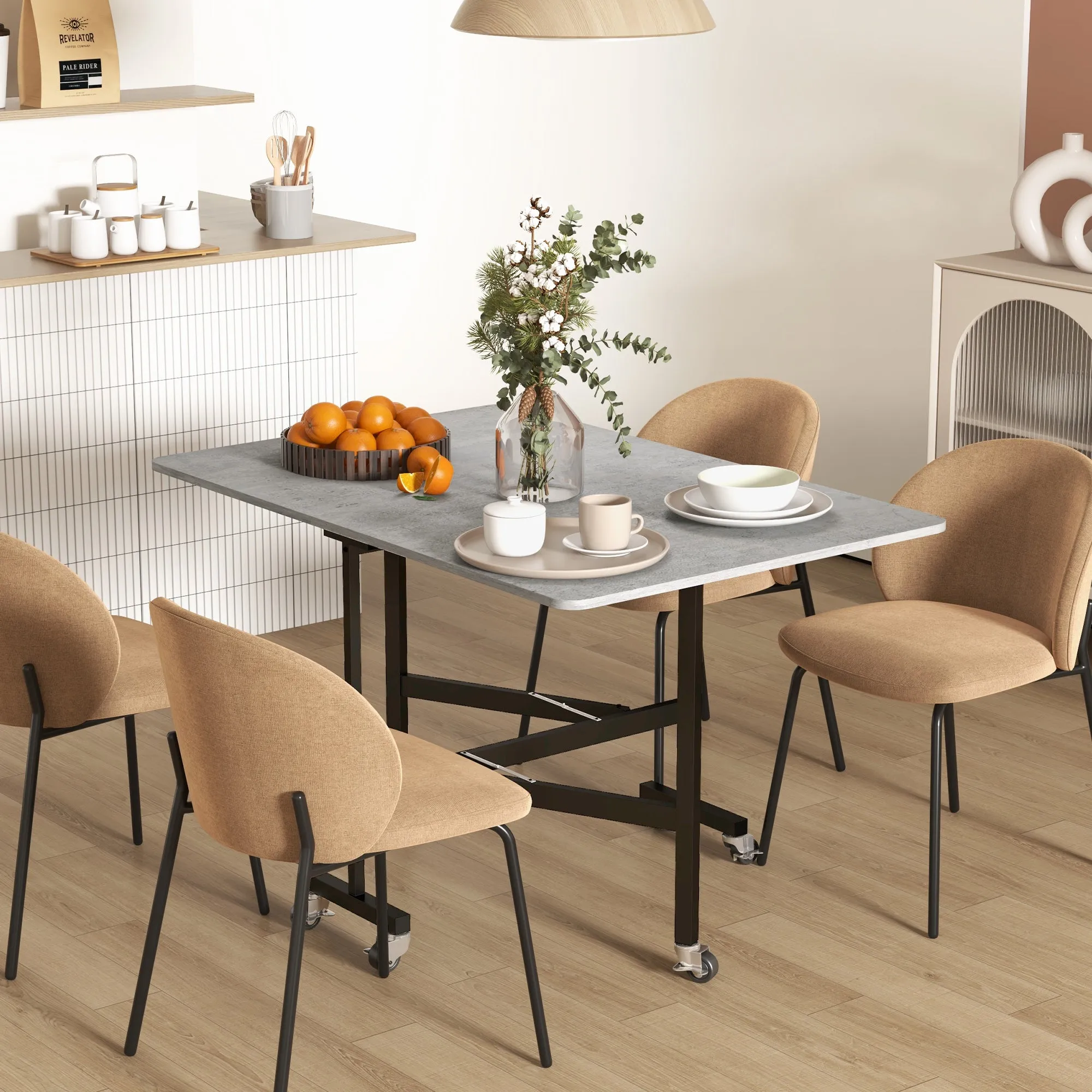 Drop Leaf Table Folding Dining Table with Metal Frame Rolling Kitchen Dining Table for Small Spaces 120cm Grey
