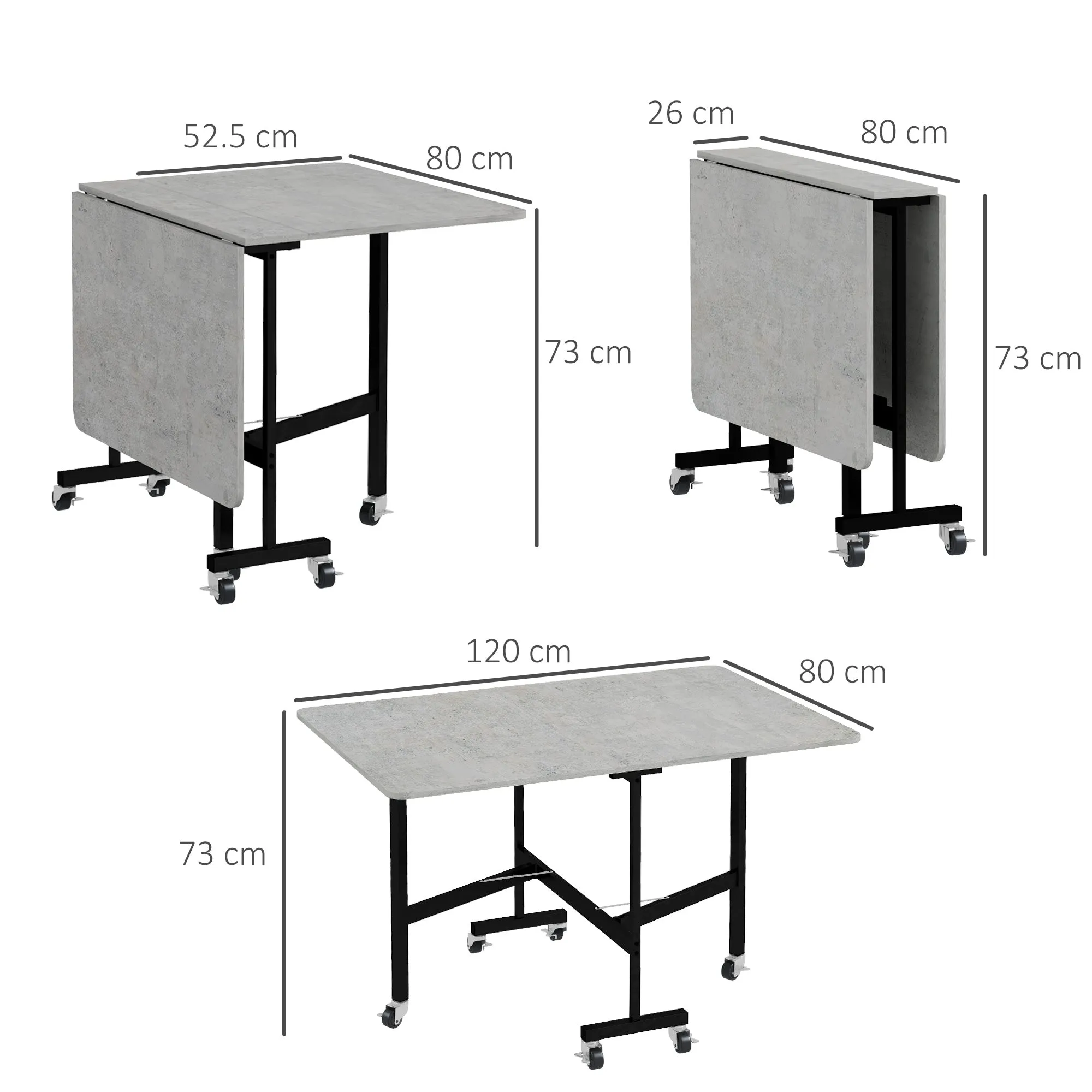 Drop Leaf Table Folding Dining Table with Metal Frame Rolling Kitchen Dining Table for Small Spaces 120cm Grey