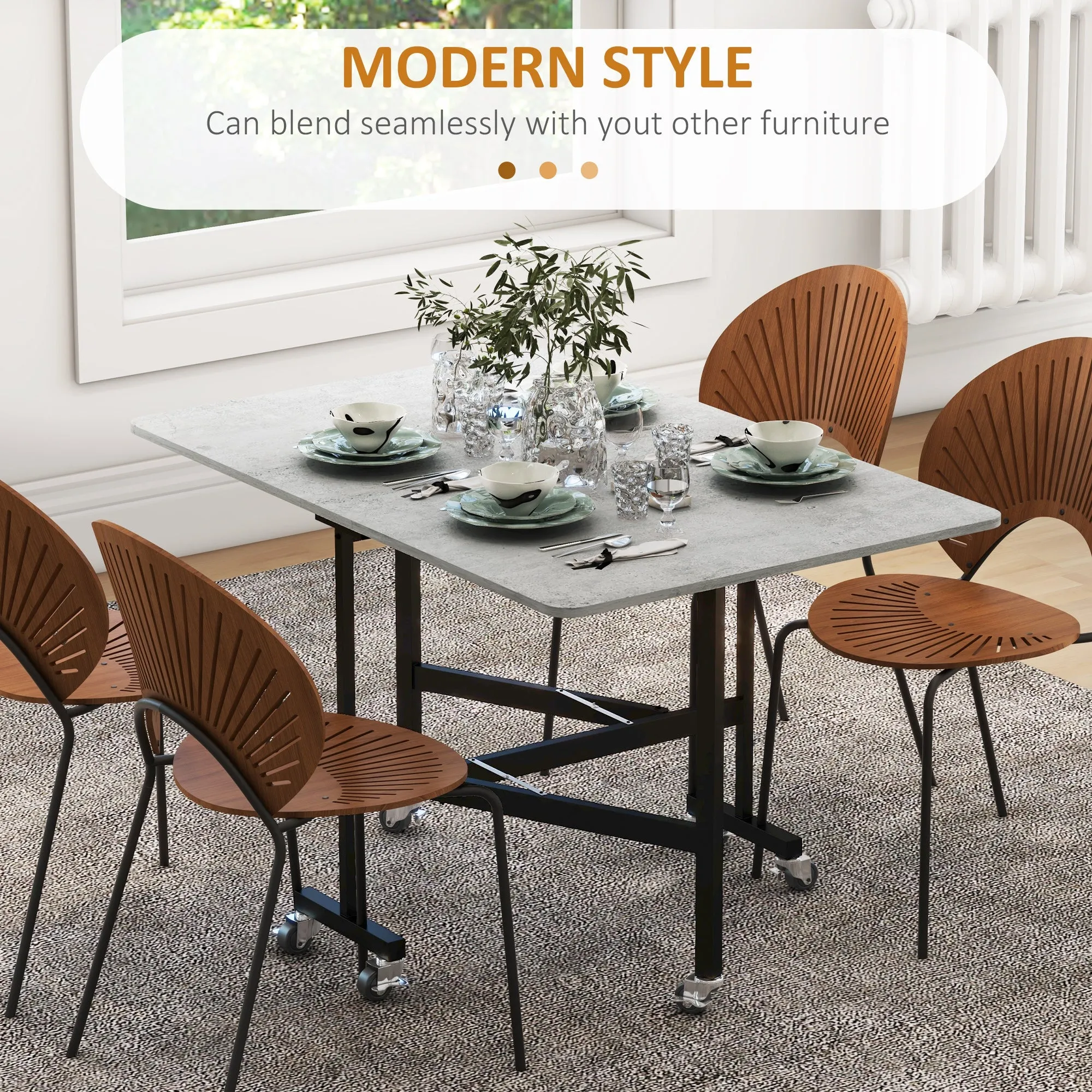 Drop Leaf Table Folding Dining Table with Metal Frame Rolling Kitchen Dining Table for Small Spaces 120cm Grey