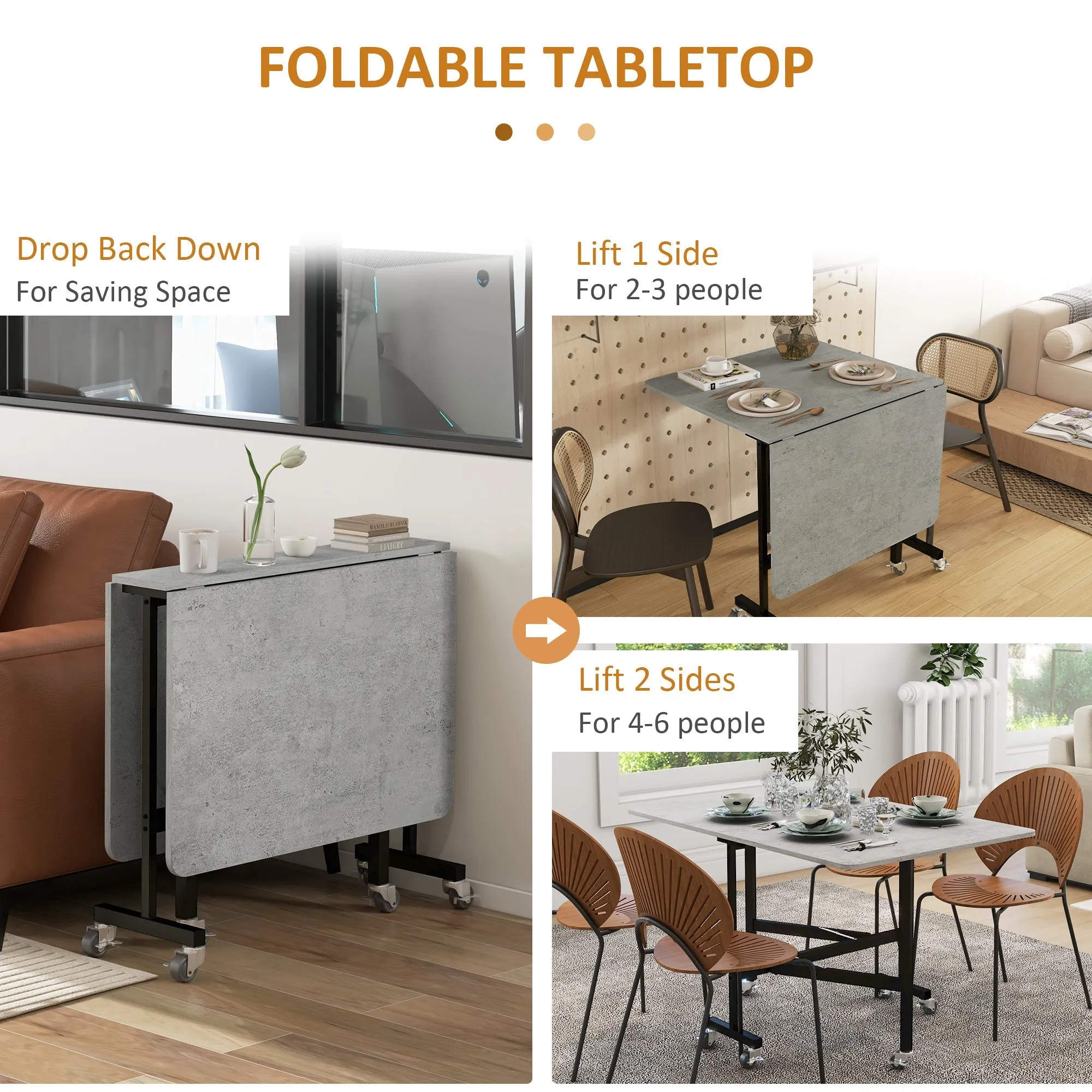 Drop Leaf Table Folding Dining Table with Metal Frame Rolling Kitchen Dining Table for Small Spaces 120cm Grey