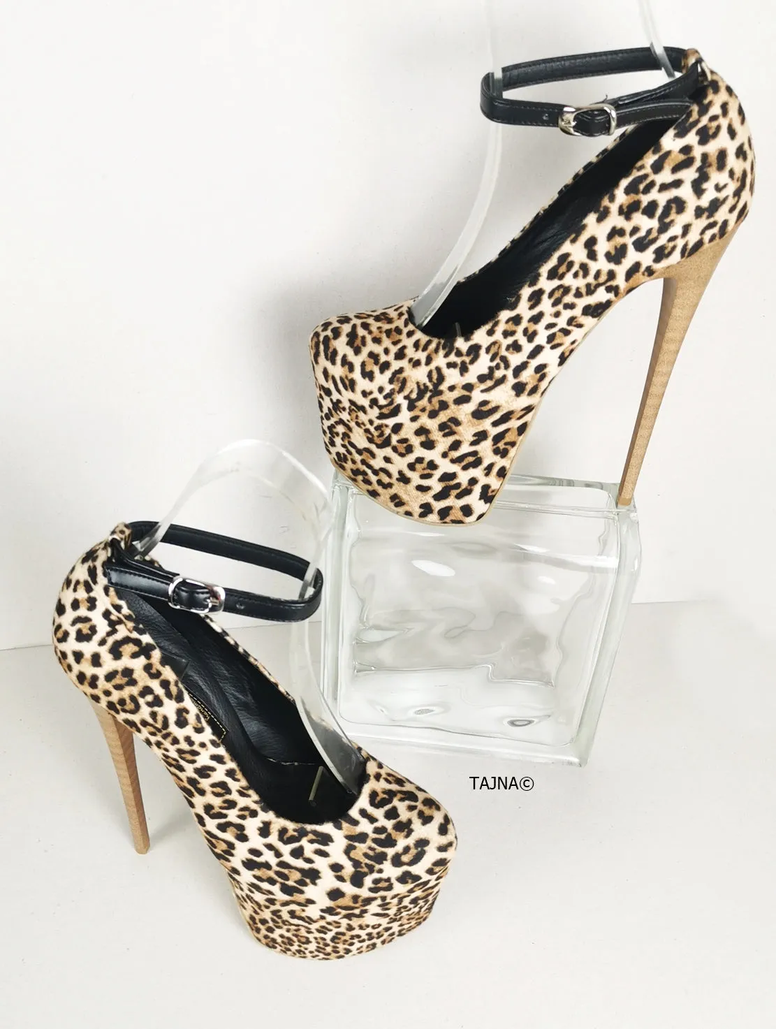 Leopard Ankle Strap Brown Thin Heels