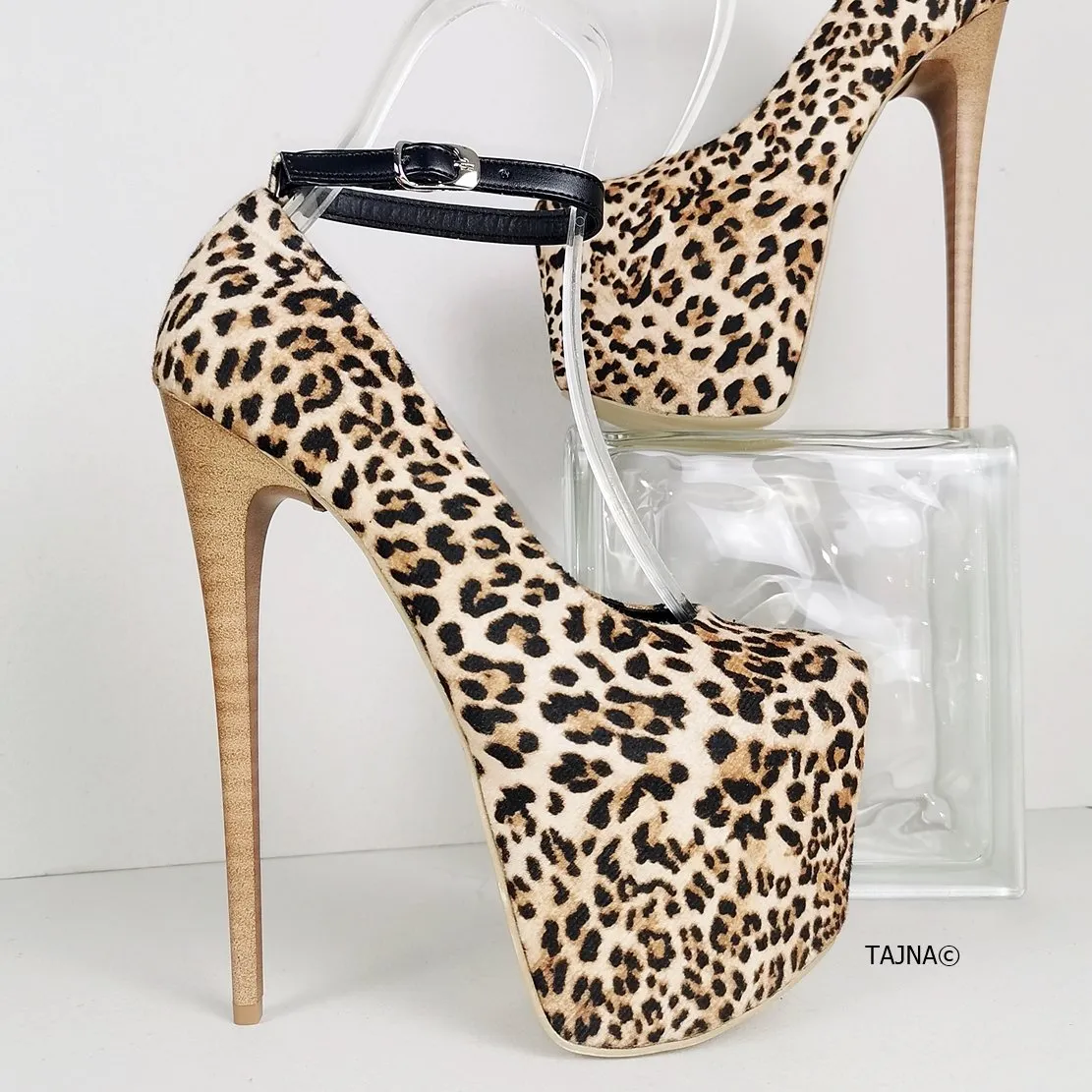 Leopard Ankle Strap Brown Thin Heels