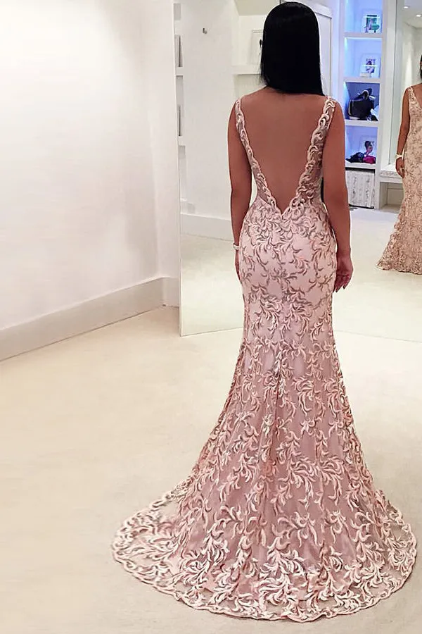 Mermaid Deep V-Neck Sweep Train Pink Lace Backless Sleeveless Prom Dress LR450