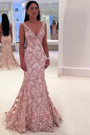 Mermaid Deep V-Neck Sweep Train Pink Lace Backless Sleeveless Prom Dress LR450