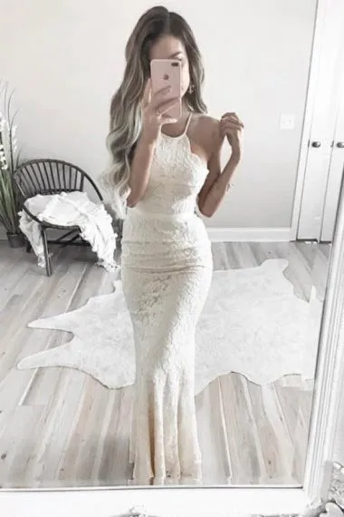 Mermaid Halter Floor-Length Sleeveless Ivory Lace Prom Dress with Sash AHC668