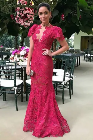 Mermaid Jewel Sweep Train Short Sleeves Fuchsia Lace Prom Dress LR409