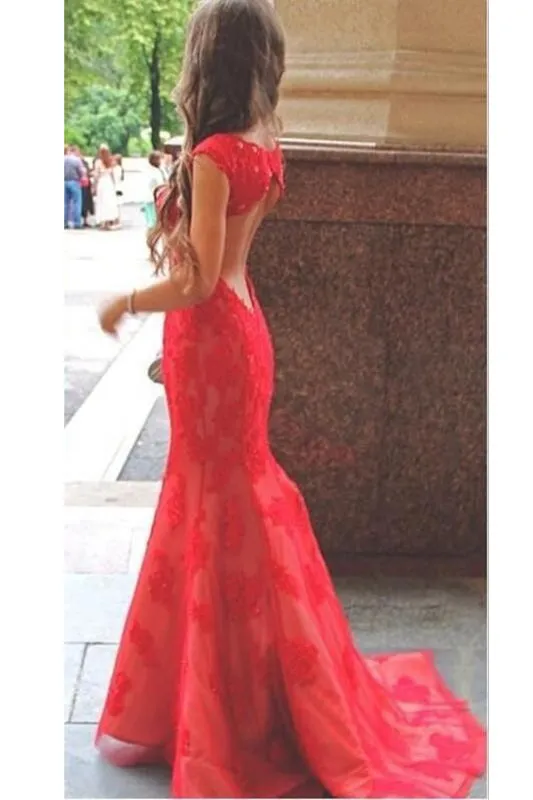 Mermaid Scoop Sweep Train Cap Sleeves Open Back Red Lace Prom Dress AHC683