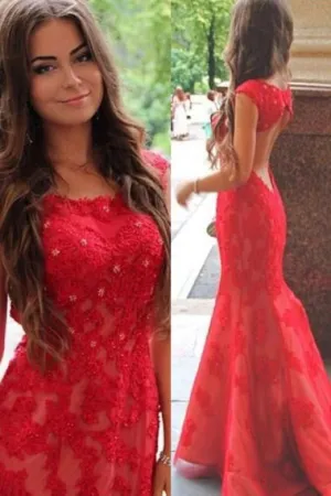 Mermaid Scoop Sweep Train Cap Sleeves Open Back Red Lace Prom Dress AHC683
