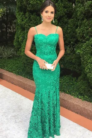 Mermaid Spaghetti Straps Floor-Length Green Lace Sleeveless Prom Dress LR458