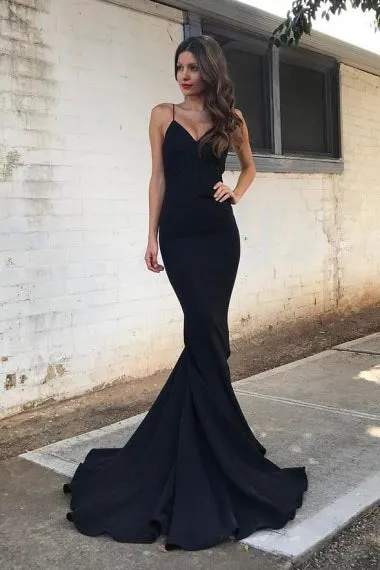 Mermaid Spaghetti Straps Sweep Train Black Stretch Satin Prom dress AHC663