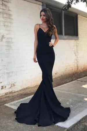 Mermaid Spaghetti Straps Sweep Train Black Stretch Satin Prom dress AHC663