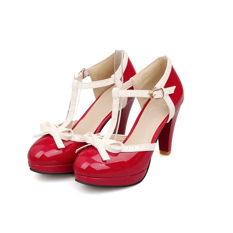 New Mary Jane Women's Shoes High Heels Light Mouth Thick Heel Bow Simple and Sweet