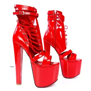 Red Gloss Side Lace Ankle Cut High Heels