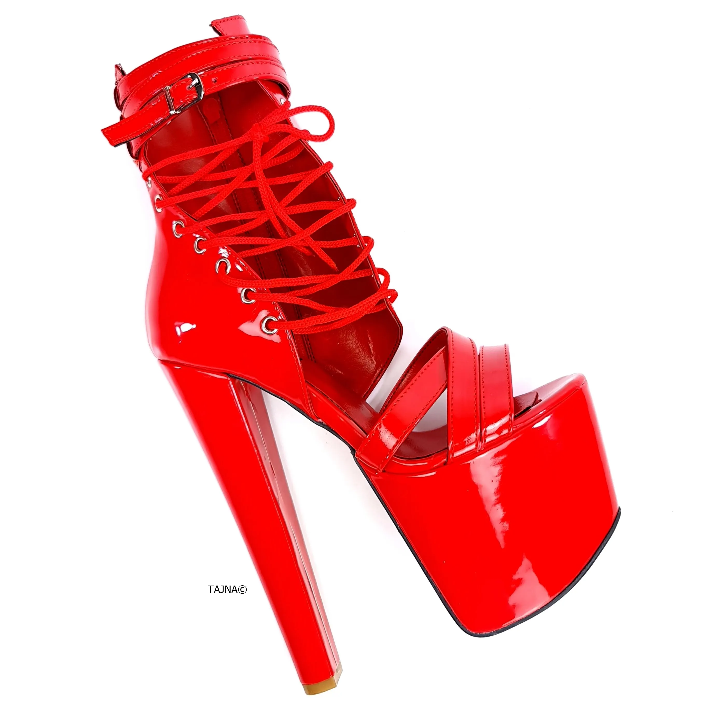 Red Gloss Side Lace Ankle Cut High Heels