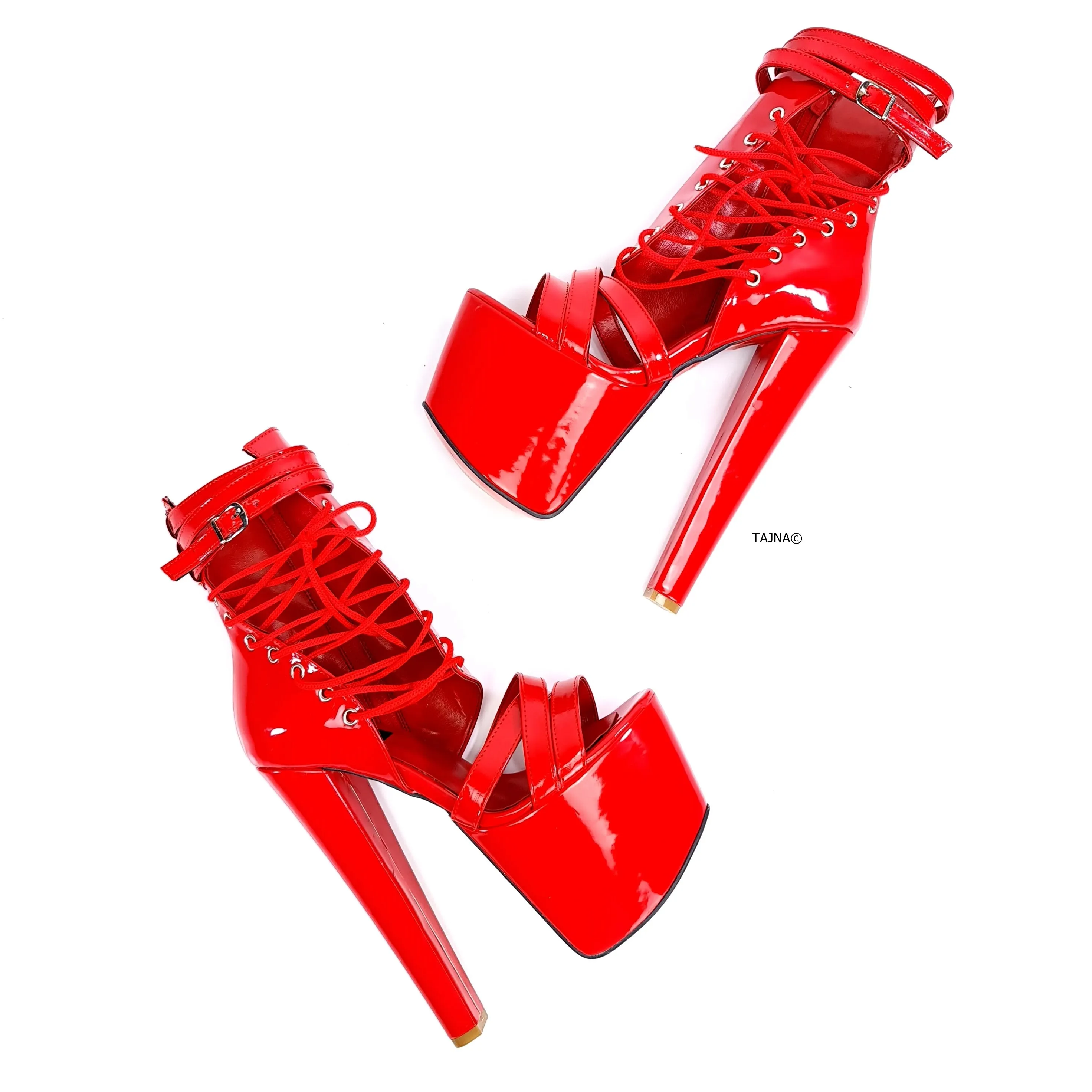 Red Gloss Side Lace Ankle Cut High Heels