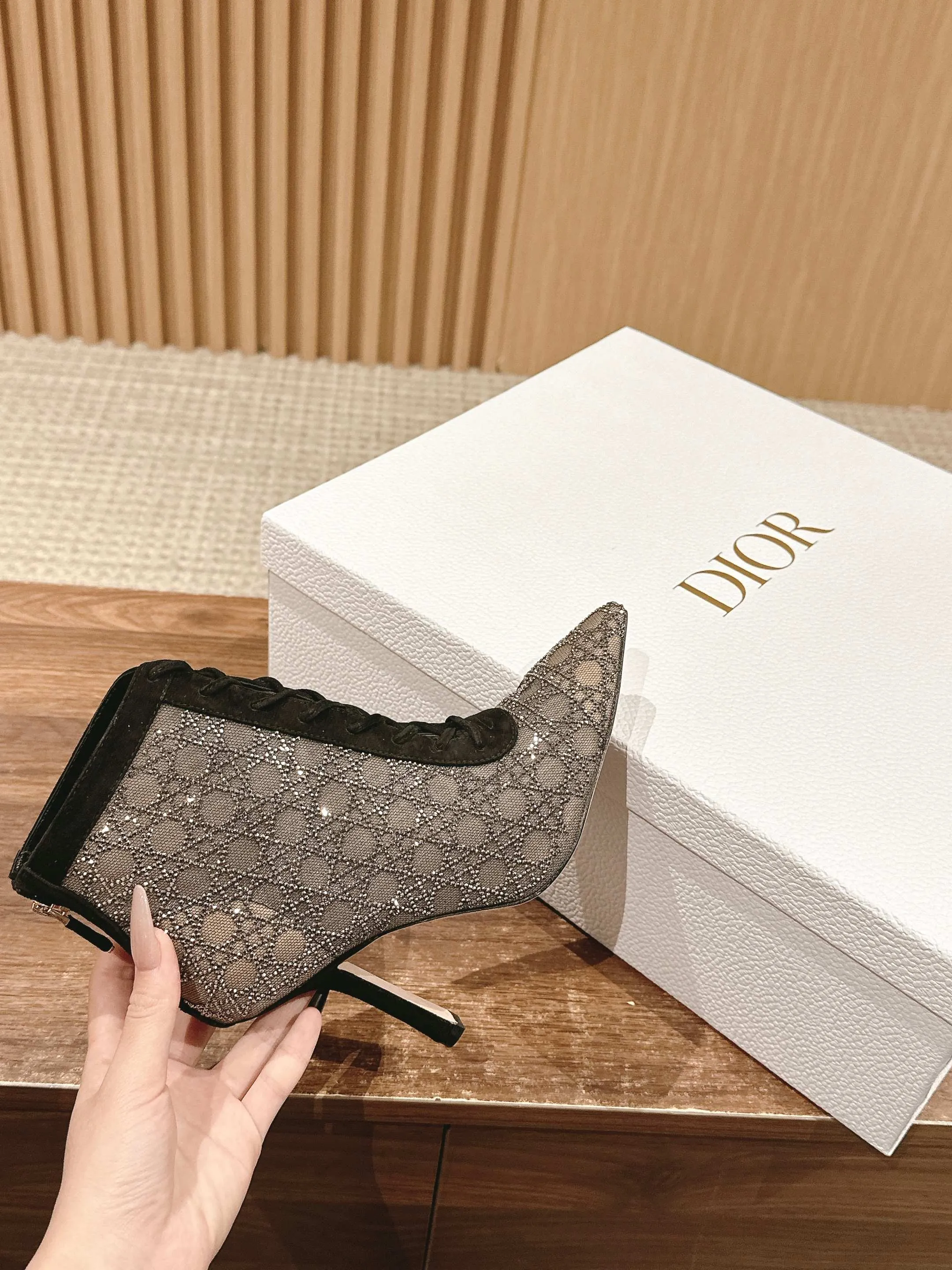 Rhinestone mesh tribales celebrity model series back zipper high heel boots